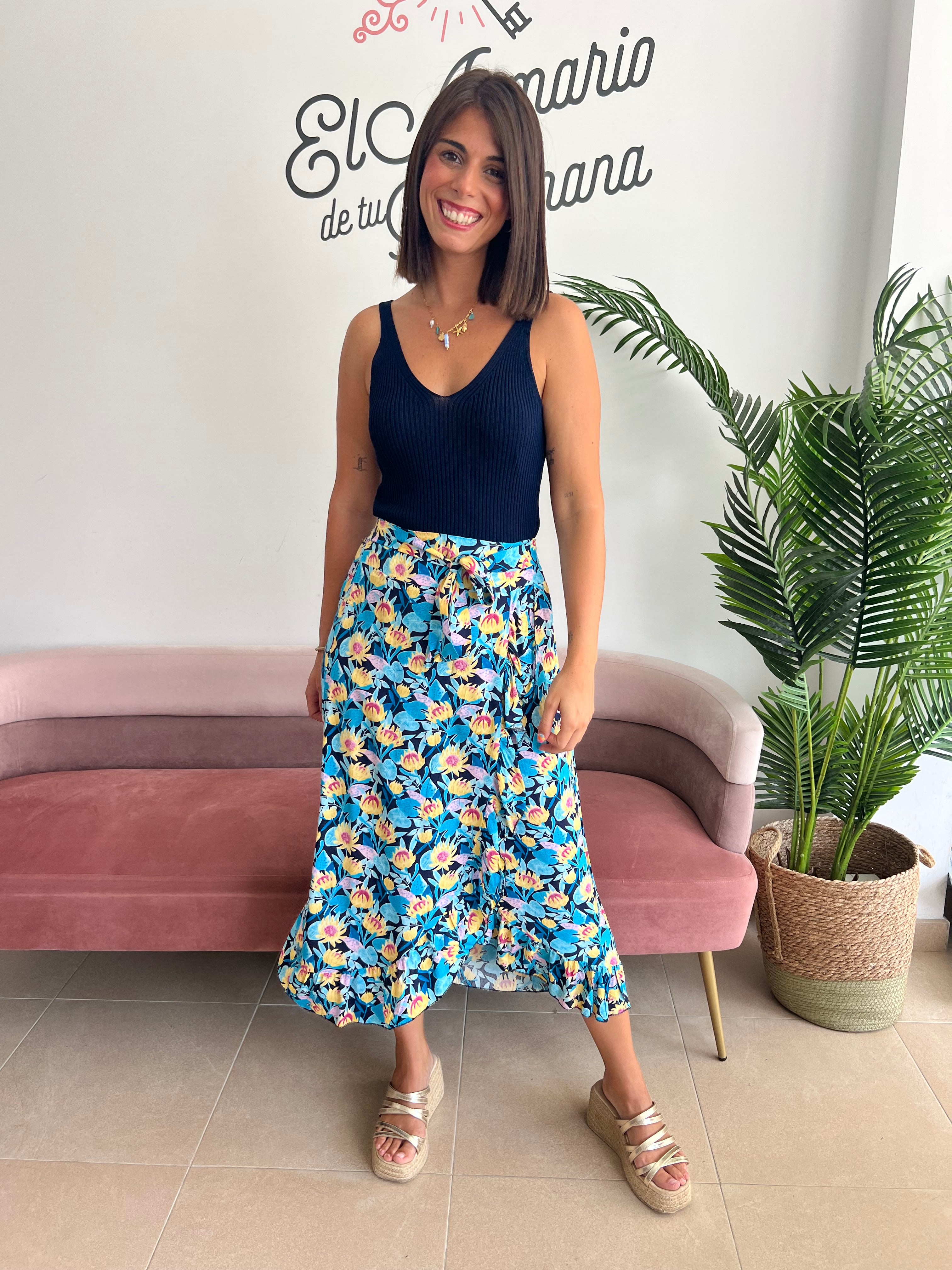 Gamila Falda Midi en Azul con Polka Space Negro