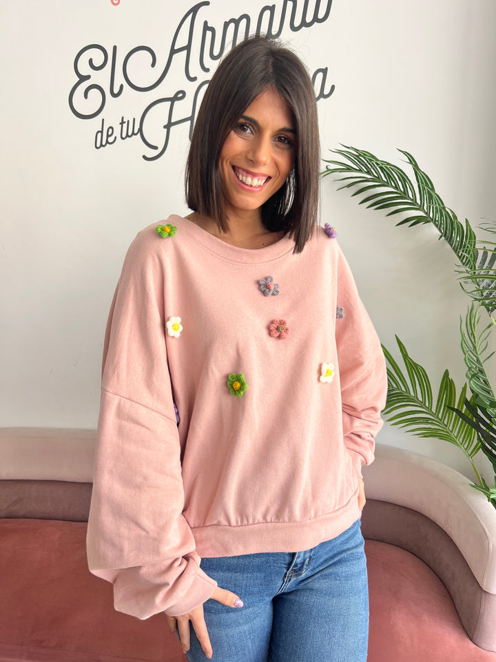 Sudadera Flores relieve rosa