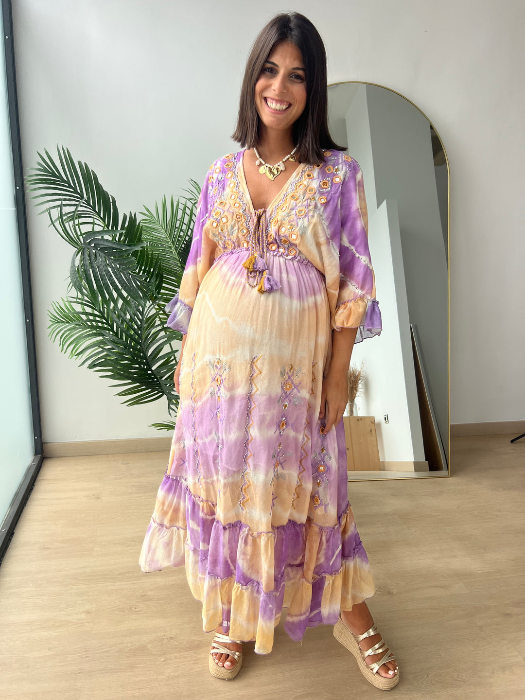 Vestido Ariana amarillo y morado