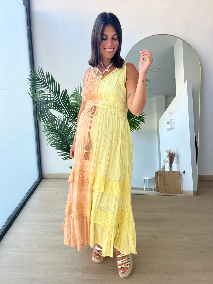 Vestido Tulum largo amarillo y camel