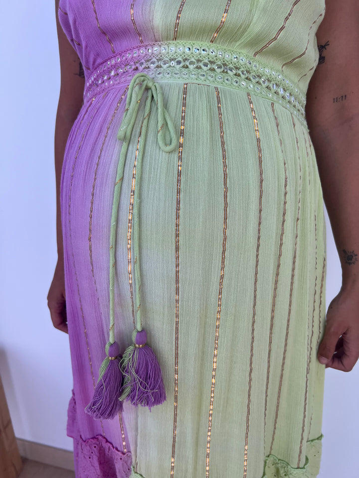 Vestido Tulum largo rosa y pistacho