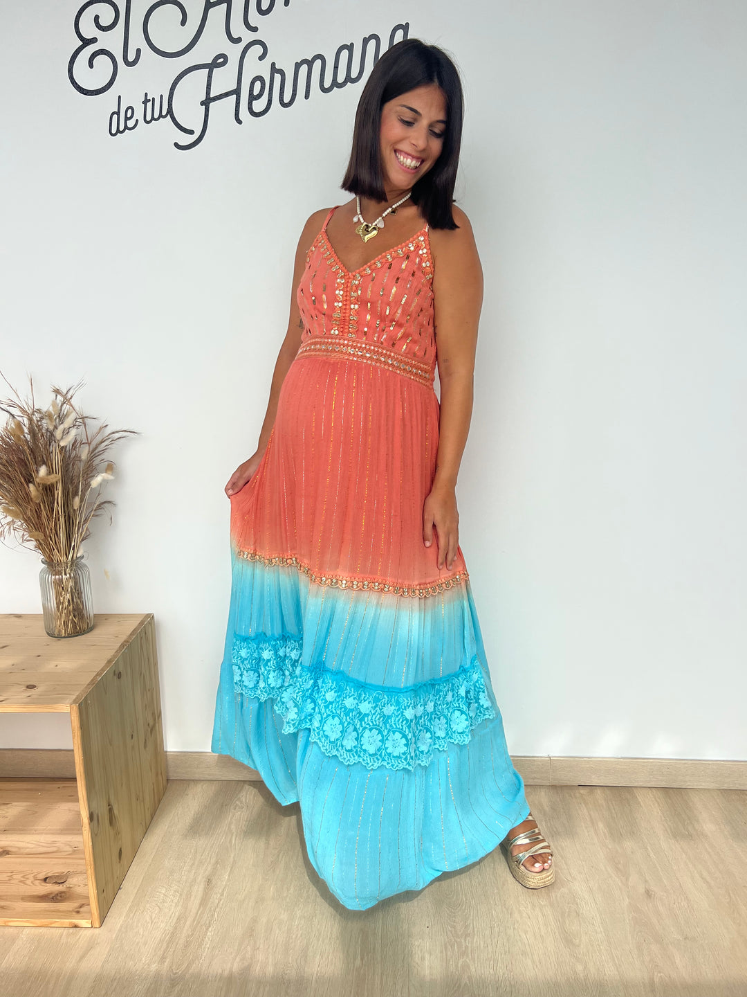 Vestido Habana largo coral y azul
