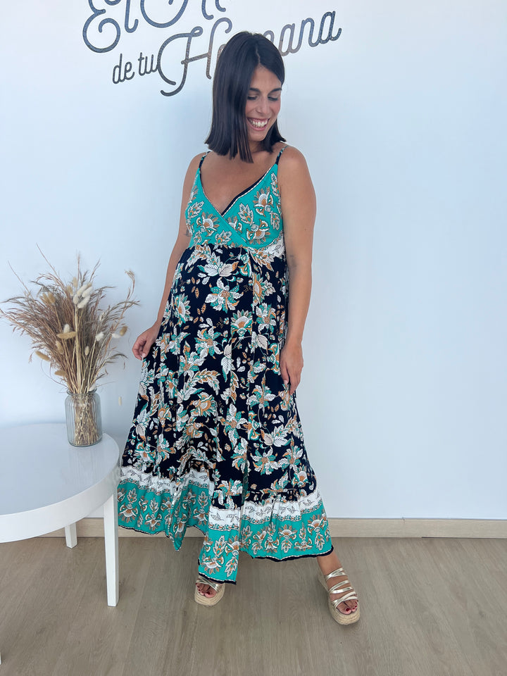 Vestido Esther turquesa y azul marino