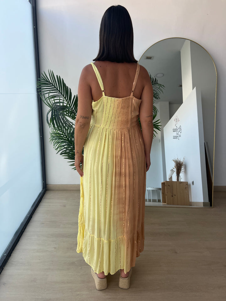Vestido Tulum largo amarillo y camel
