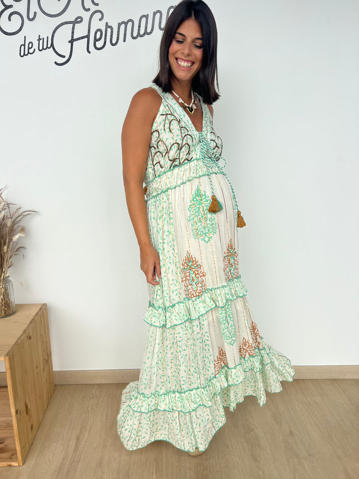 Vestido Isha verde y camel