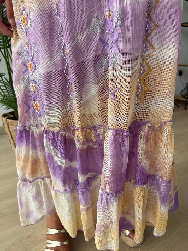 Vestido Ariana amarillo y morado