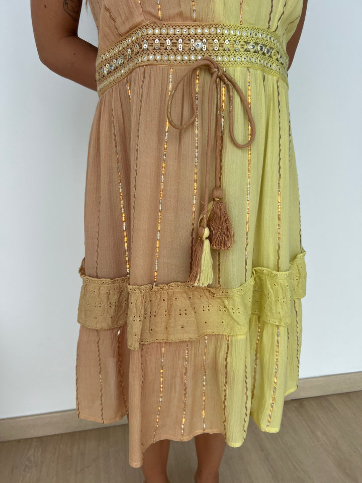 Vestido Tulum amarillo y camel