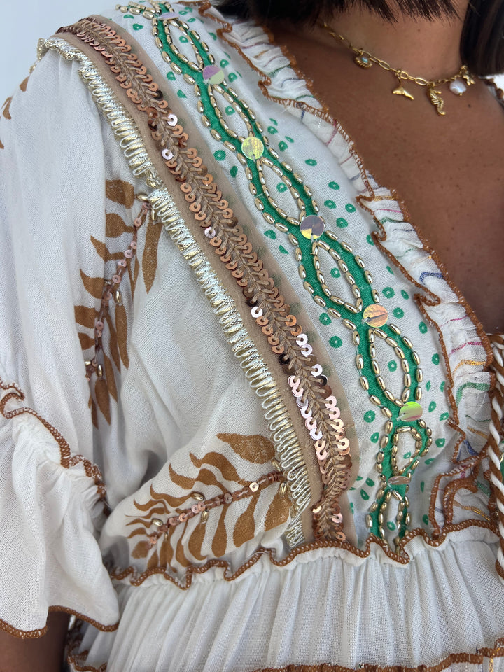 Vestido Mahira marrón y verde oscuro