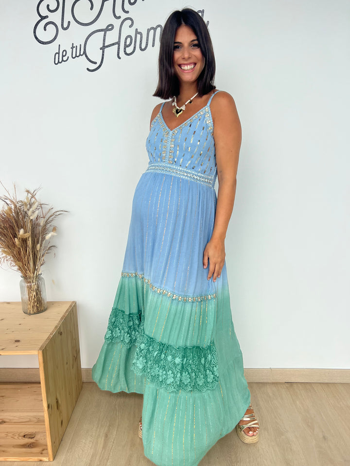 Vestido Habana largo azul y turquesa