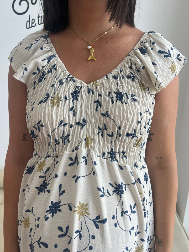 Vestido Malika blanco roto y azul marino