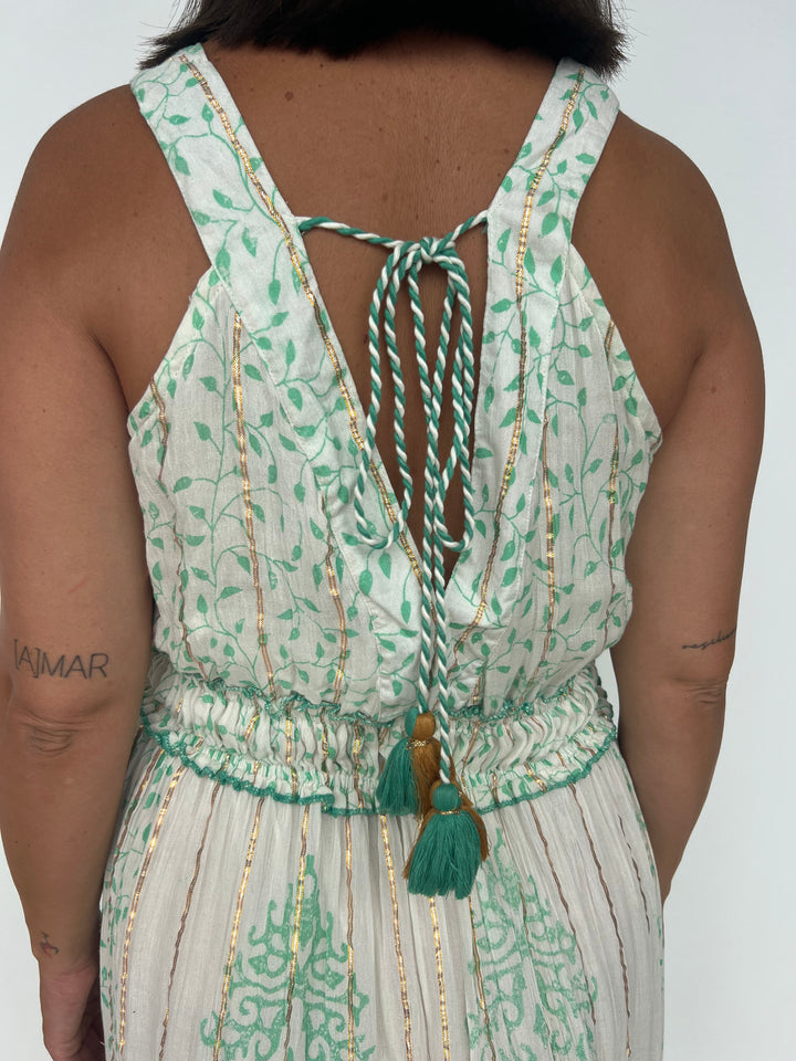 Vestido Isha verde y camel