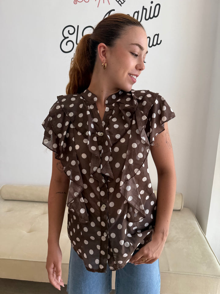 Blusa Lunares volante marrón
