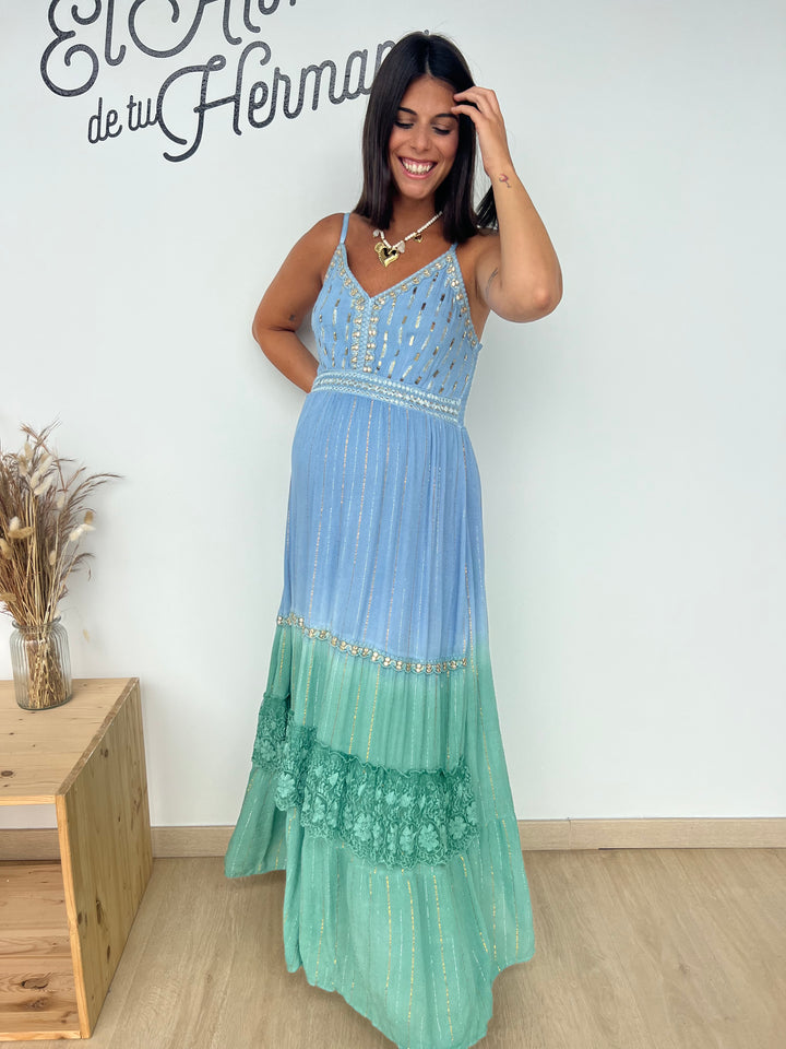 Vestido Habana largo azul y turquesa