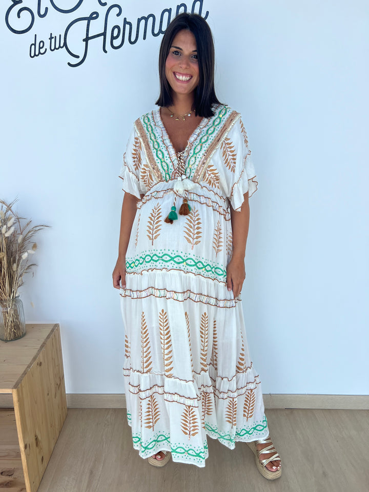 Vestido Mahira marrón y verde oscuro