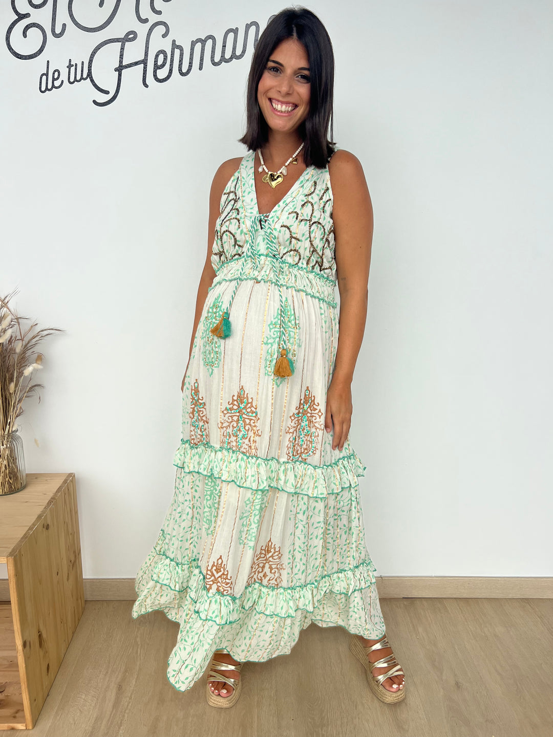 Vestido Isha verde y camel