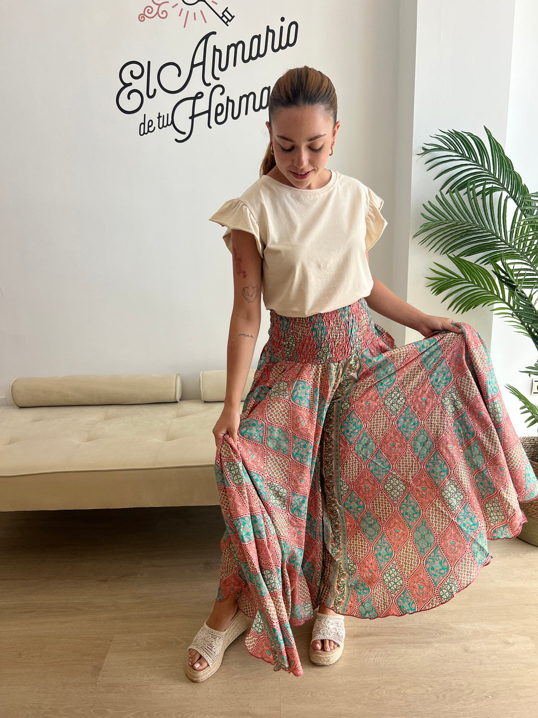 Pantalón India rosa y turquesa