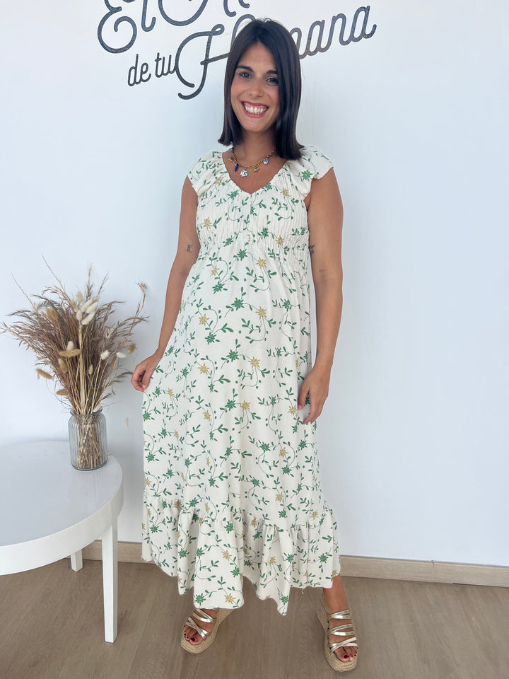 Vestido Malika blanco roto y verde
