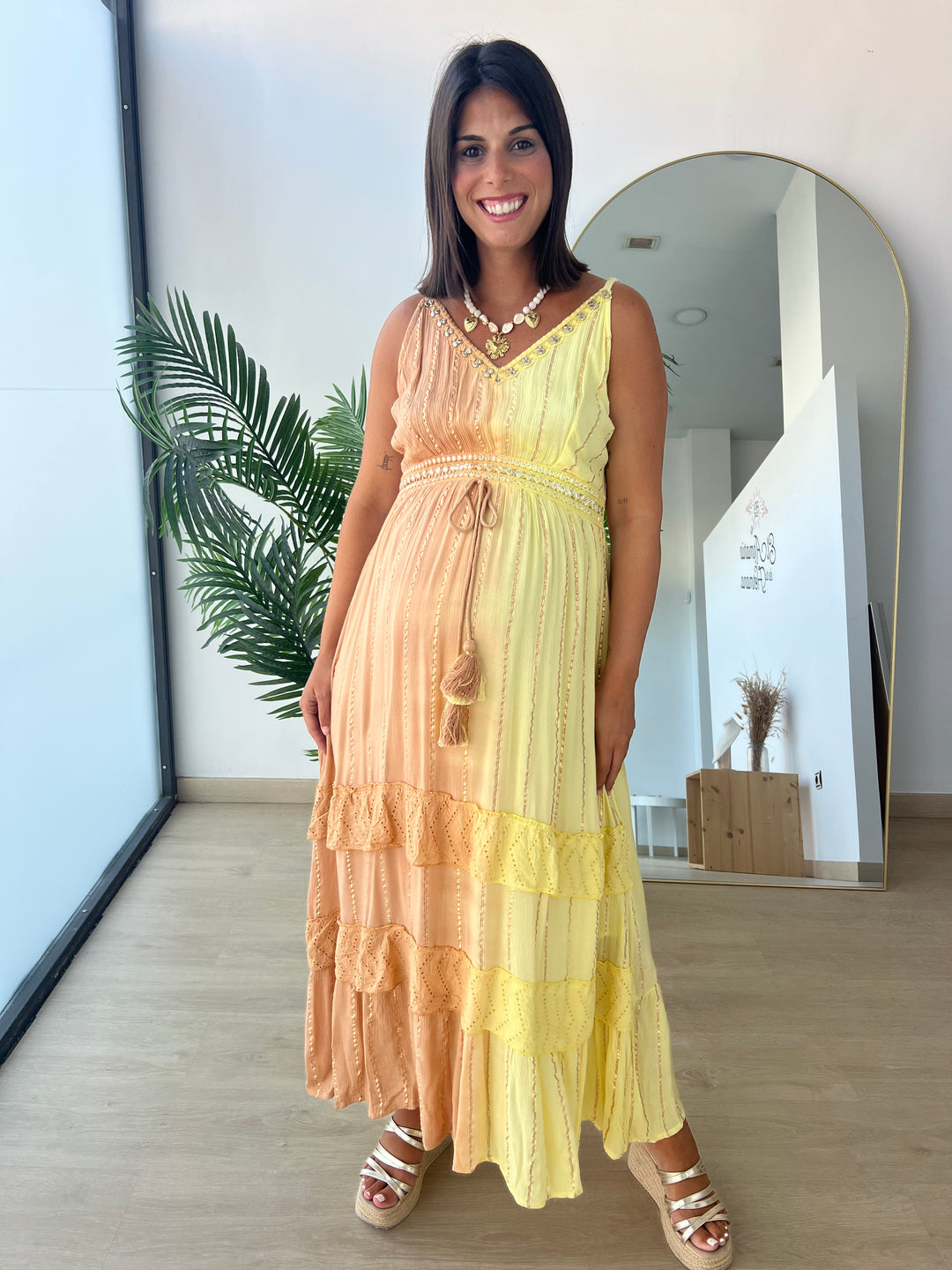 Vestido Tulum largo amarillo y camel