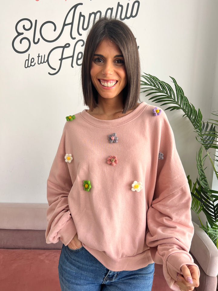 Sudadera Flores relieve rosa