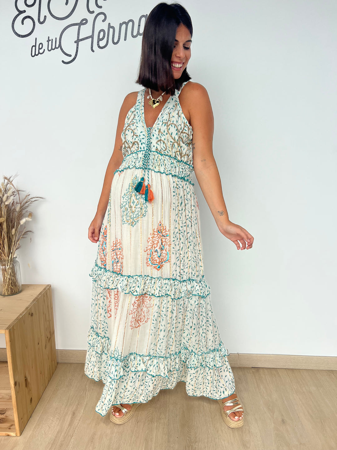 Vestido Isha turquesa y naranja