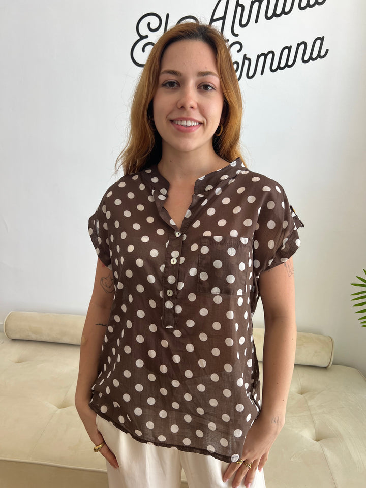Blusa Lunares bolsillo marrón oscuro
