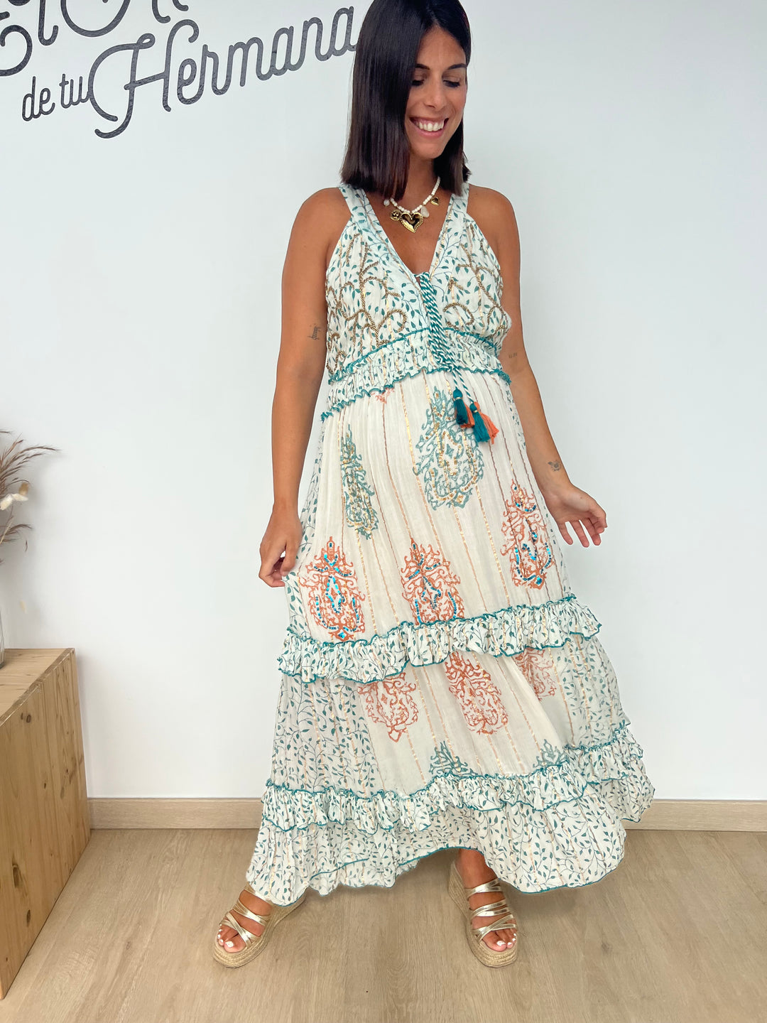 Vestido Isha turquesa y naranja