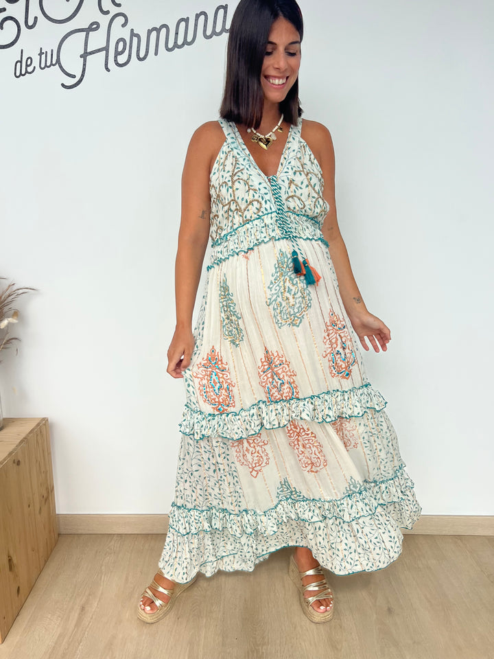 Vestido Isha turquesa y naranja