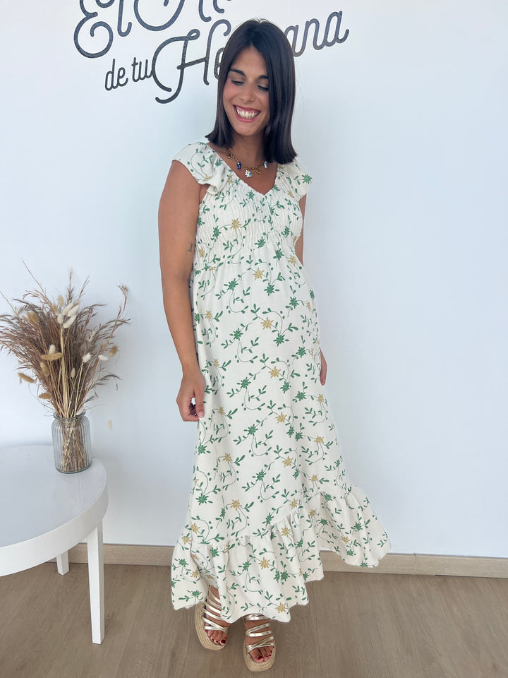 Vestido Malika blanco roto y verde