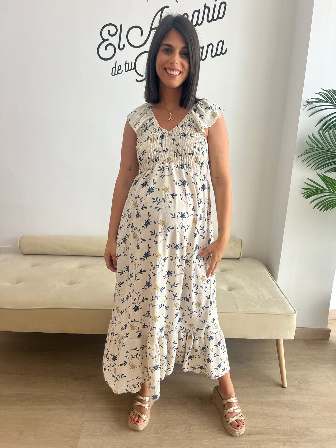 Vestido Malika blanco roto y azul marino