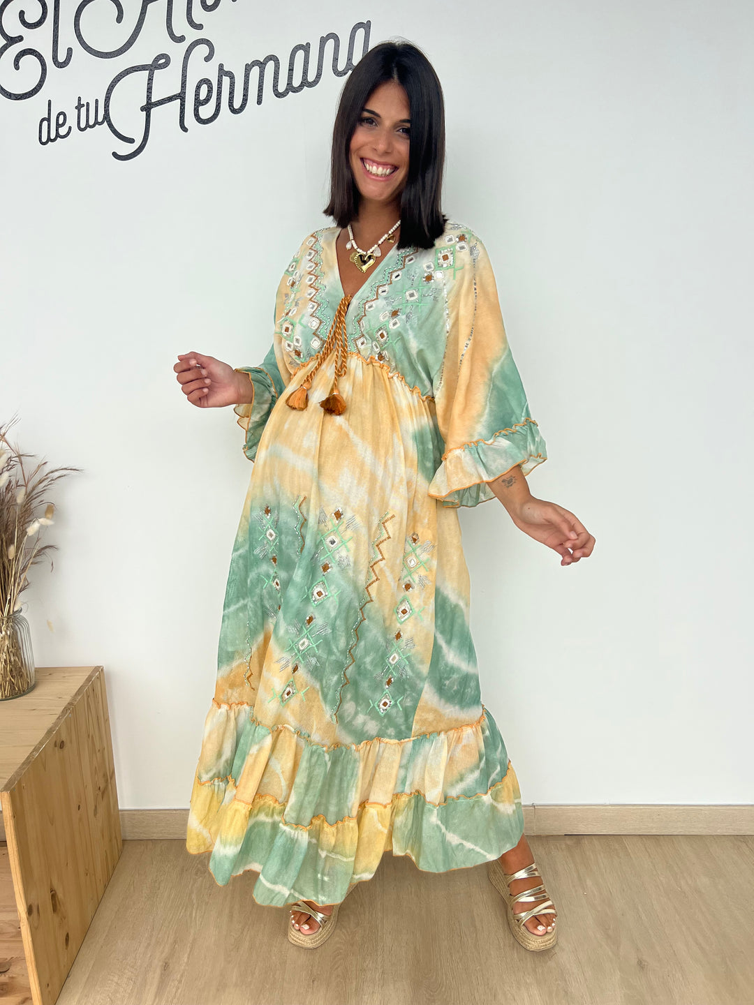 Vestido Ariana amarillo y aguamarina