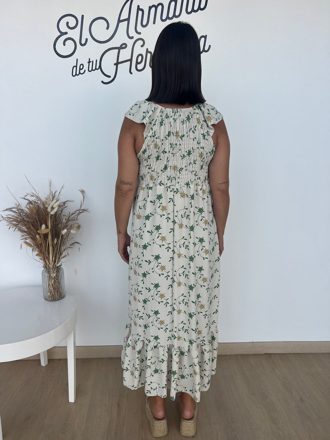 Vestido Malika blanco roto y verde