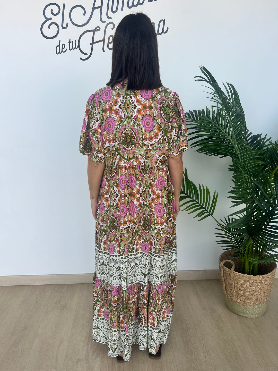 Vestido Azucena verde militar y rosa