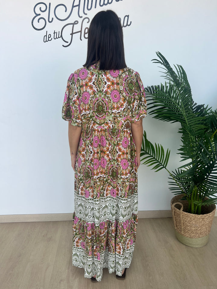 Vestido Azucena verde militar y rosa