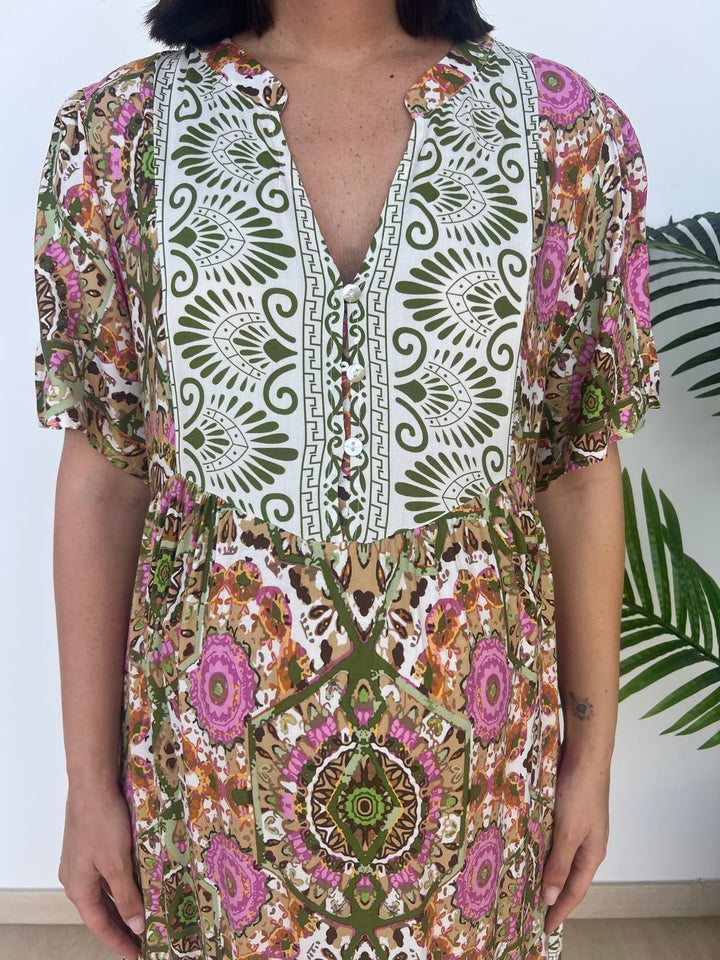 Vestido Azucena verde militar y rosa