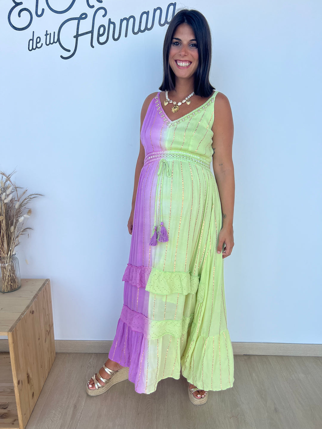 Vestido Tulum largo rosa y pistacho