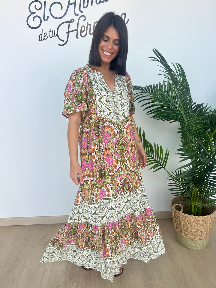 Vestido Azucena verde militar y rosa