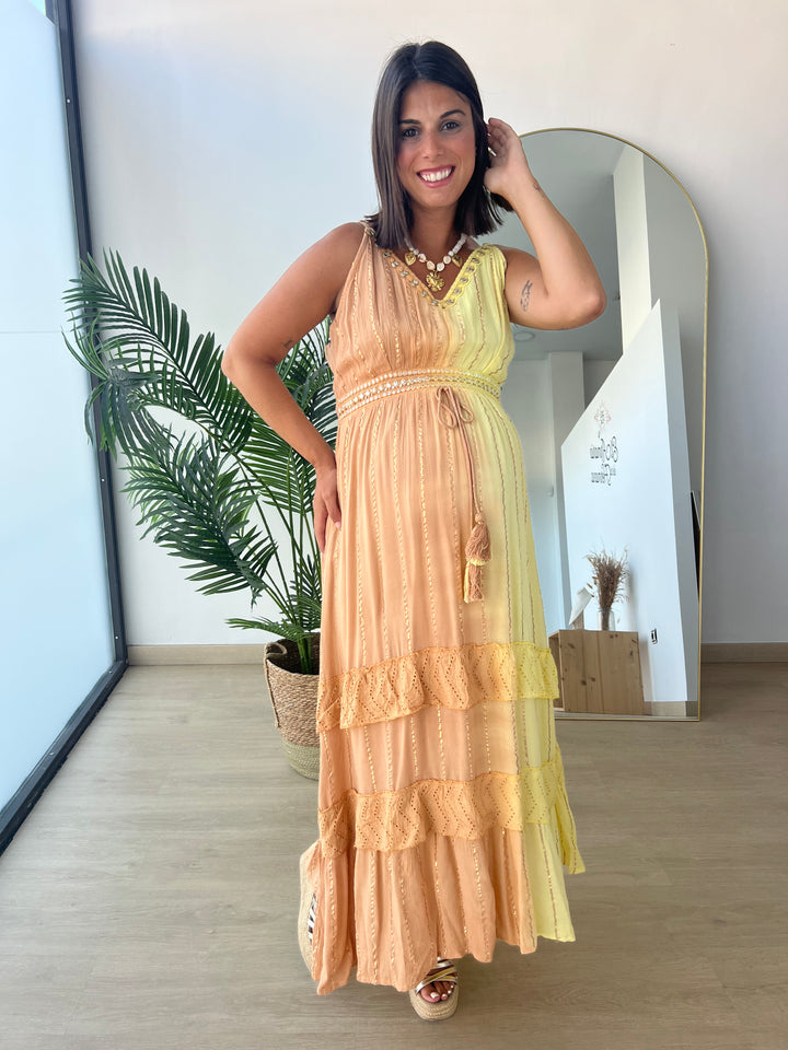 Vestido Tulum largo amarillo y camel