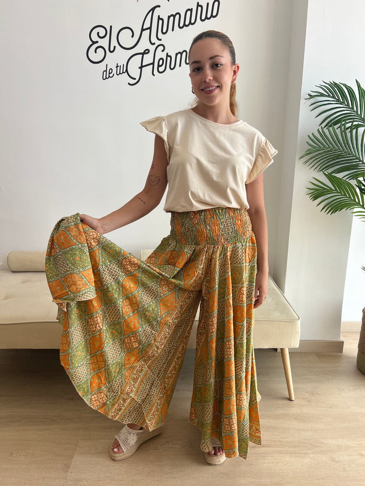 Pantalón India verde y naranja