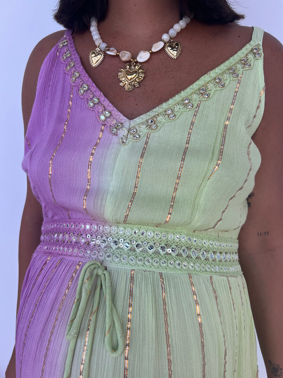 Vestido Tulum largo rosa y pistacho