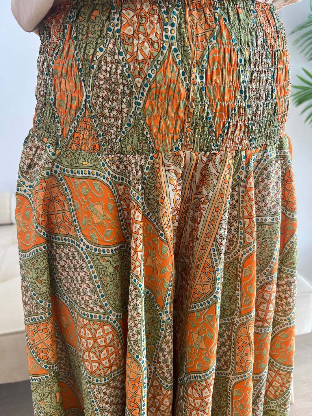 Pantalón India verde y naranja