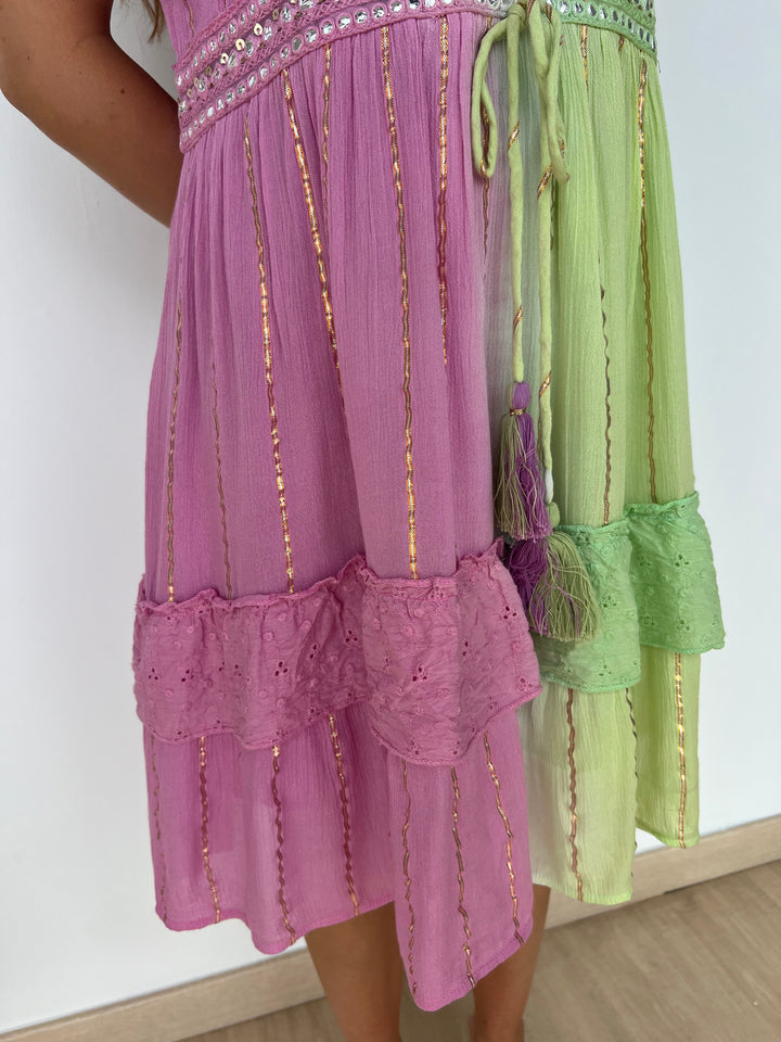 Vestido Tulum rosa y pistacho