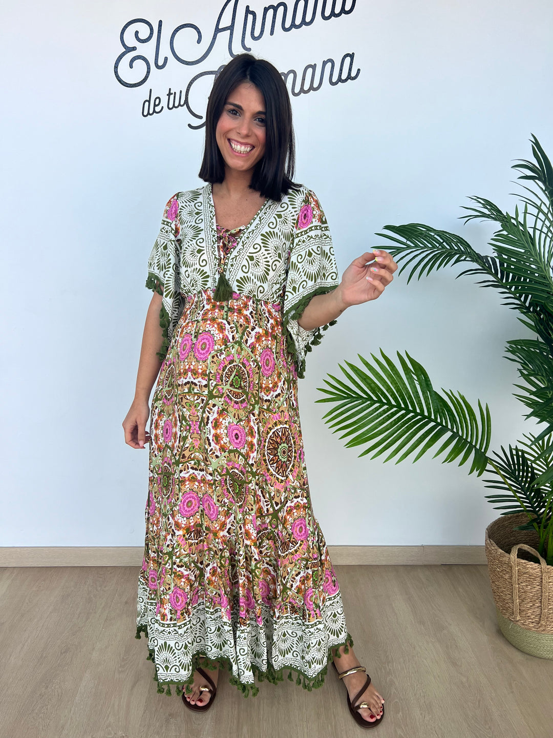 Vestido Davinia verde militar y rosa
