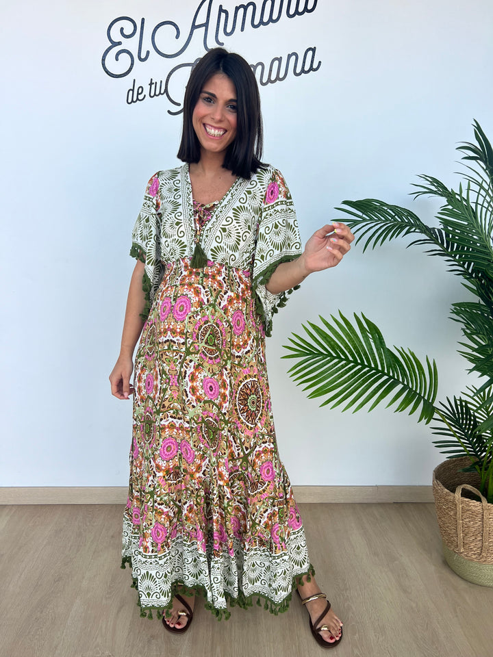 Vestido Davinia verde militar y rosa