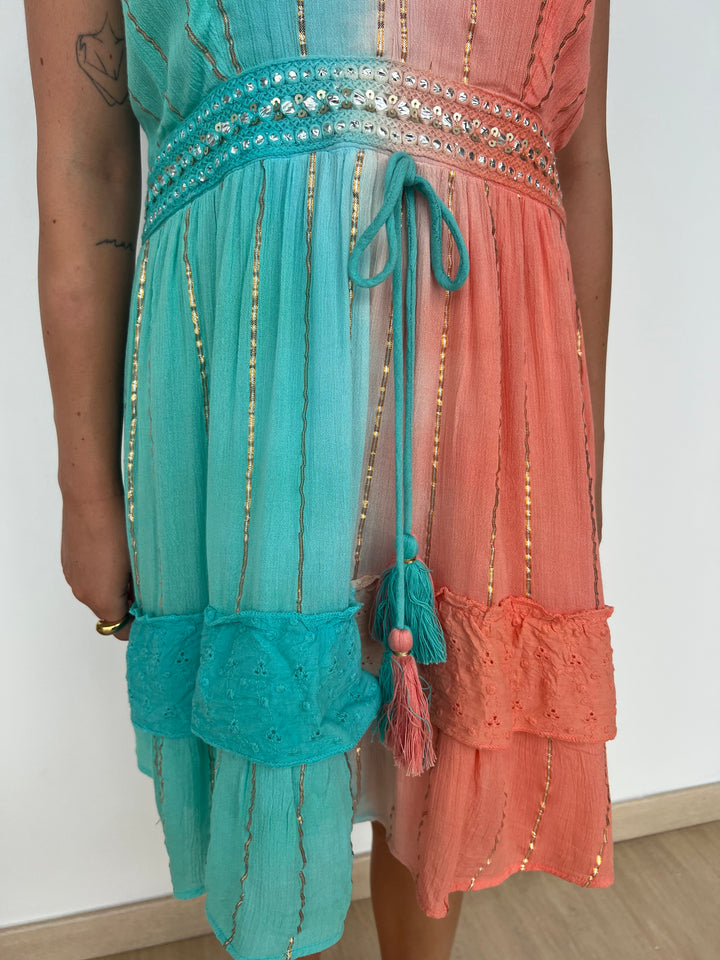 Vestido Tulum coral y turquesa