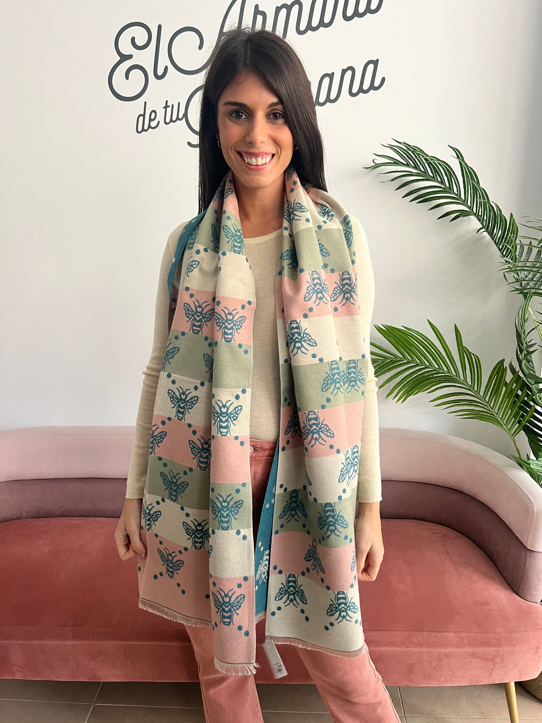 Bufanda abejas verde-rosa