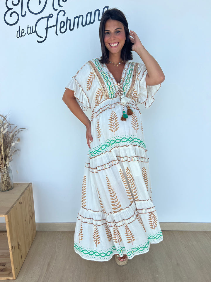 Vestido Mahira marrón y verde oscuro