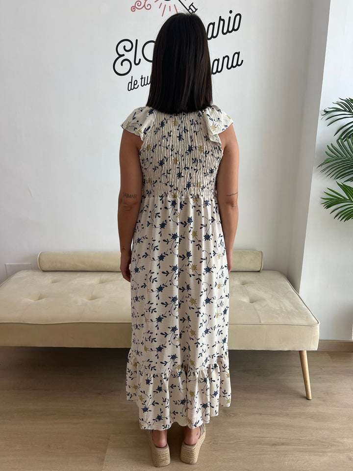 Vestido Malika blanco roto y azul marino