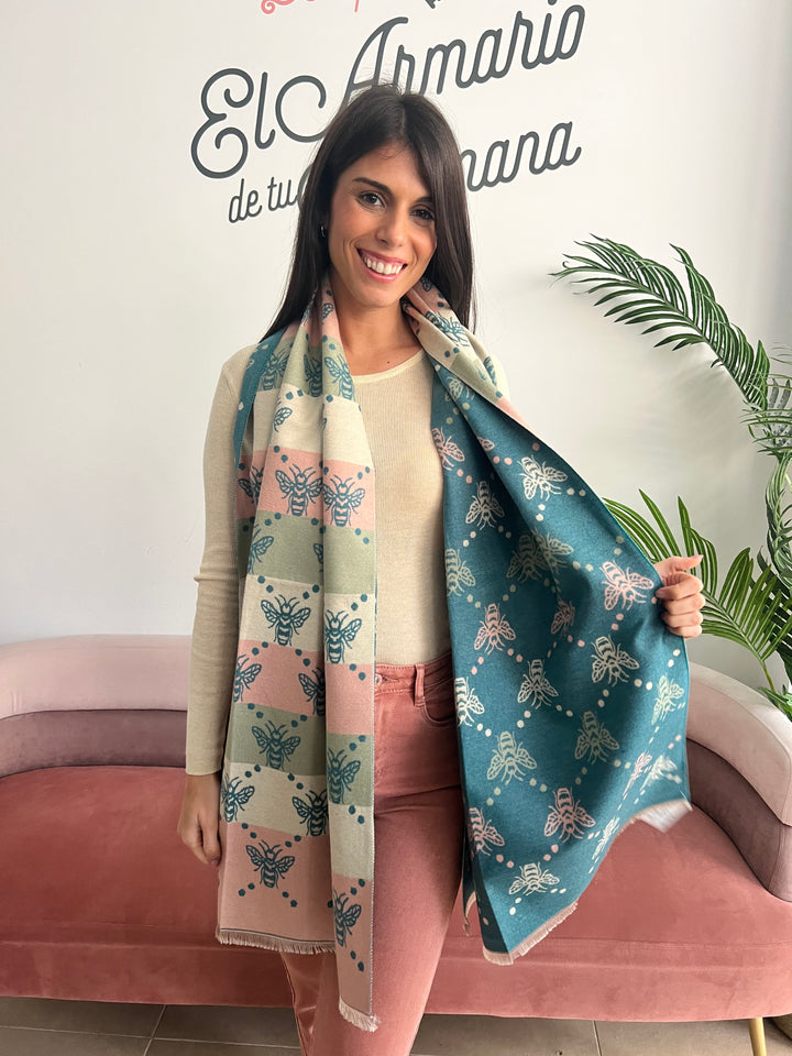 Bufanda abejas verde-rosa