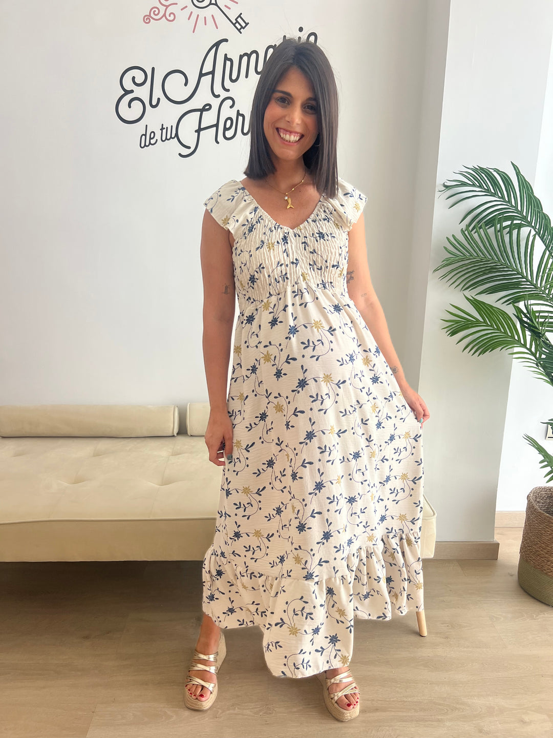 Vestido Malika blanco roto y azul marino