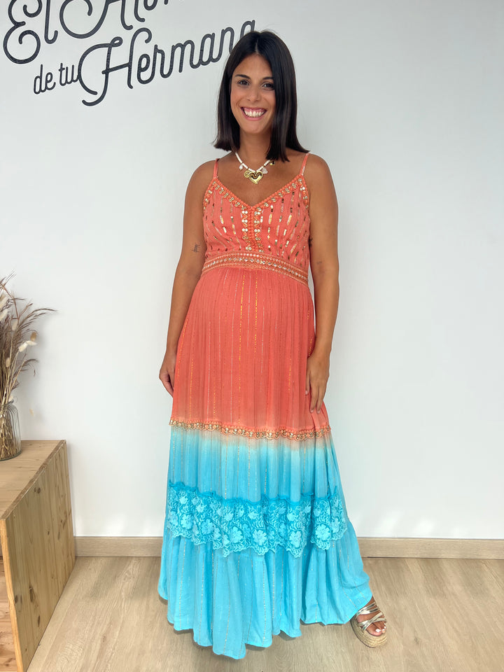 Vestido Habana largo coral y azul